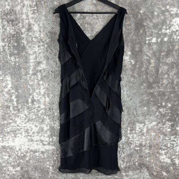 Tadashi Shoji Size 8 Silk V Neck Knee Length Sheath Dress Black Sleeveless Zip - Picture 6 of 11